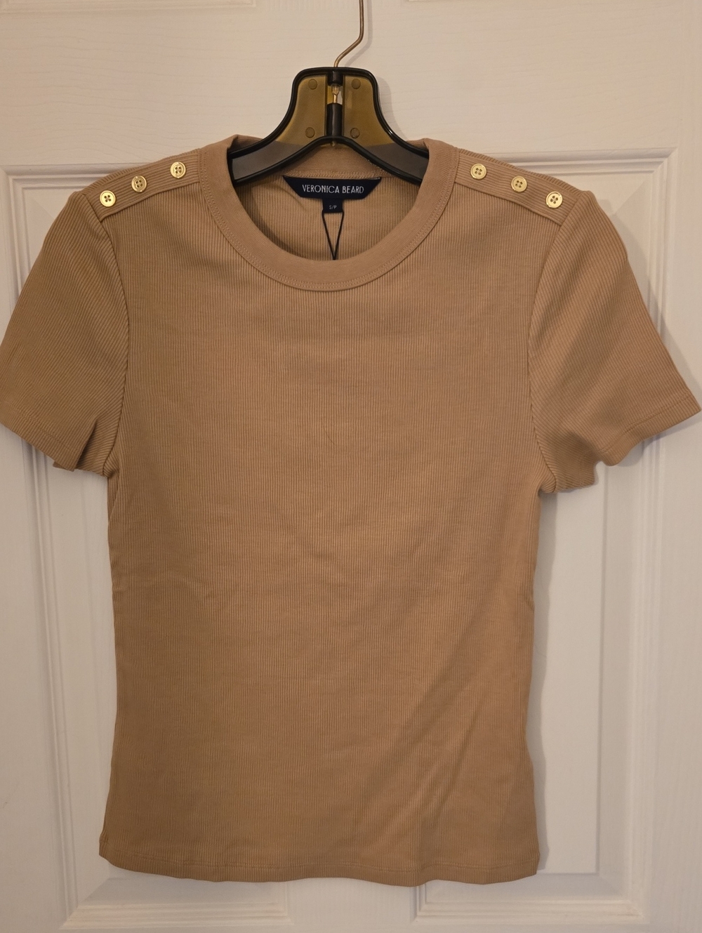 Veronica Beard Tan Ribbed Short Sleeve Top with Gold Shoulder Buttons